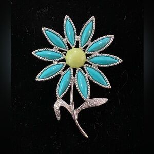 Vintage Sarah Coventry Flower Brooch Turquoise Petals Silver Tone Signed